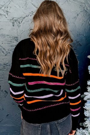 Black Colorful Striped Ribbed Trim Sweater - Image 3