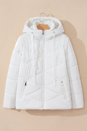 White Solid Quilted Hooded Zip Up Puffer Coat - Image 6