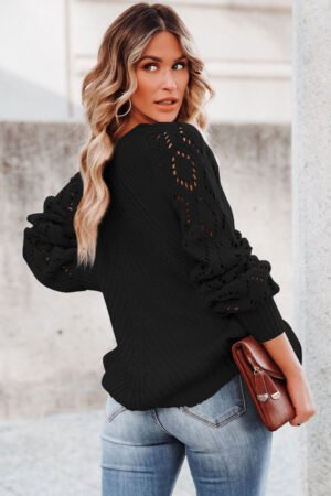 Black Hollow-out Puffy Sleeve Knit Sweater - Image 2