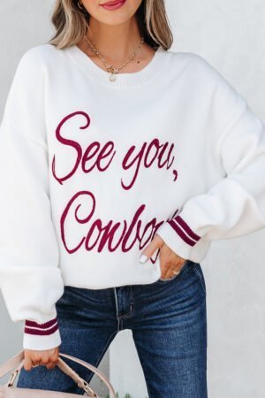 White See You Cowboy Embroidered Western Graphic Sweater - Image 11