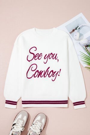 White See You Cowboy Embroidered Western Graphic Sweater - Image 13