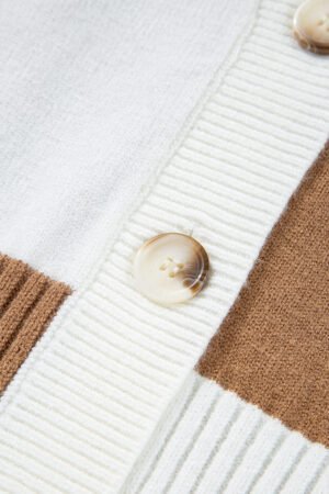 Khaki Checkered Pattern Ribbed Detail Button V Neck Sweater Cardigan - Image 7