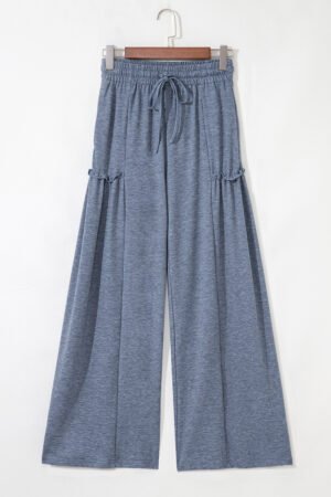 High Frilled Detail Wide Leg Drawstring Elastic Waistband Pants