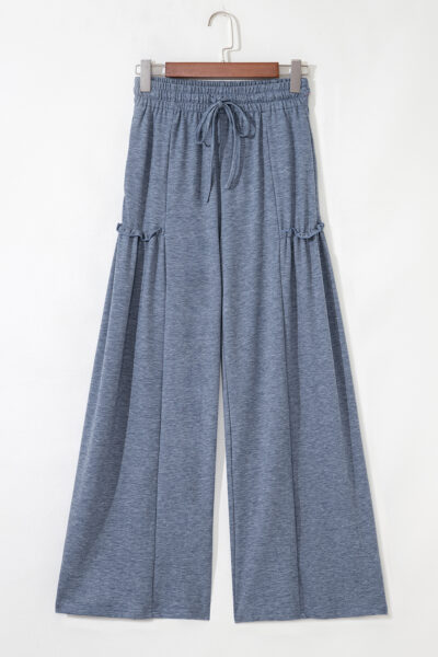 High Frilled Detail Wide Leg Drawstring Elastic Waistband Pants