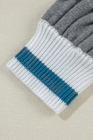 Medium Grey Color Contrast Ribbed Edge Cable Knit V Neck Sweater - Image 7