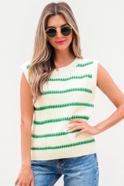 Bright Green Striped Round Neck Casual Sweater Vest