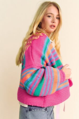 Rose Stripe Colorful Puff Sleeve Drop Shoulder Loose Cardigan - Image 3