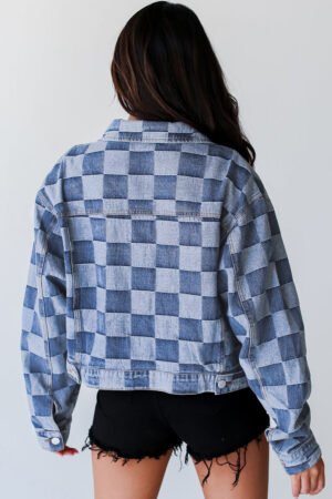 Light Blue Checkered Patchwork Button up Denim Jacket - Image 3