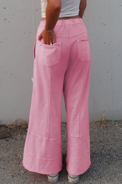 Bonbon Mineral Wash Exposed Seam Drawstring Elastic Waistband Wide Leg Cargo Pants
