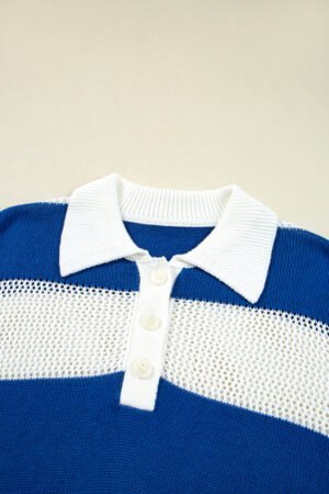 Blue Stripe Colorblock Polo Collar Eyelet Crochet Knitted Sweater - Image 6