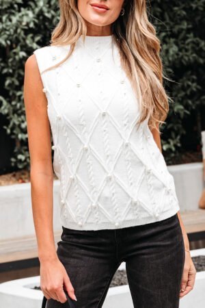 White Pearled High Neck Textured Knit Sweater Vest - Image 15
