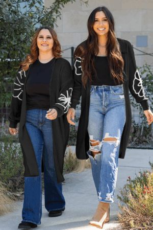Black Flower Embroidered Drop Shoulder Open Front Duster Cardigan - Image 5