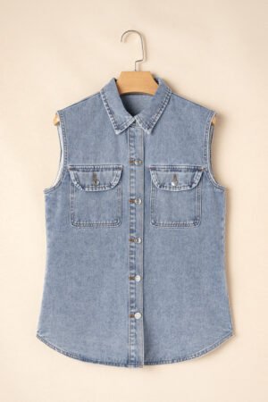 Beau Blue Denim Flap Pocket Curved Hem Shirt Vest - Image 6