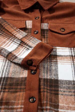 Cinnamon Plaid Corduroy Patchwork Chest Pocket Shacket - Image 8