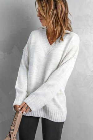 White V neck Drop Shoulder Knitted Sweater - Image 4