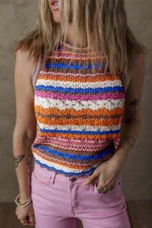 Dark Blue Striped Textured Knit Crew Neck Sweater Vest - Image 3