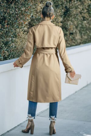 Pale Khaki Solid Color Lapel Collar Waist Tie Wind Coat - Image 5