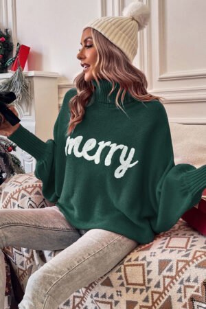 Blackish Green Merry Letter Embroidered High Neck Sweater - Image 2
