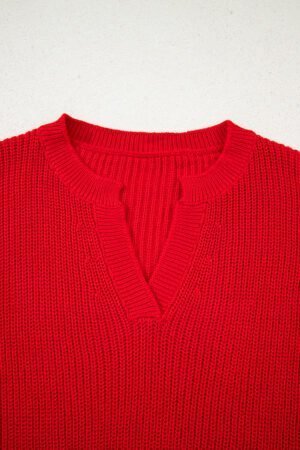 Racing Red Solid Textured Knit V Neck Drop Shoulder Sweater - Image 9