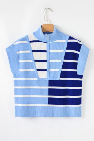 Sky Blue Stripe Colorblock Quarter Zip Collar Sweater Vest - Image 6