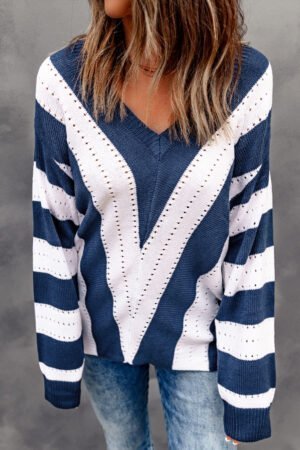 Blue Striped Colorblock V Neck Knitted Sweater - Image 4