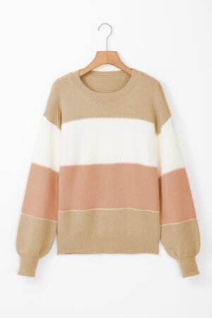 Dusty Pink Color Block Lantern Sleeve Drop Shoulder Sweater - Image 6