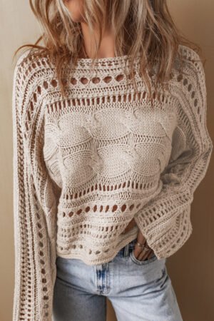 Smoke Gray Hollow-out Cable Knit Cropped Sweater - Image 3