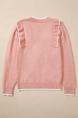Light Pink Ruffled Bowknot Ribbed Trim Long Sleeve Sweater - Image 8