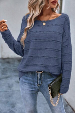 Real Teal Boat Neck Drop Shoulder Pointelle Knit Sweater - Image 4