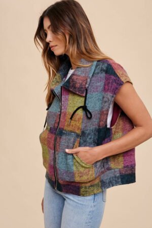 Multicolor Plaid Print Side Pockets Zipped Loose Vest - Image 2