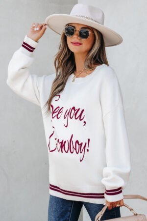 White See You Cowboy Embroidered Western Graphic Sweater - Image 7