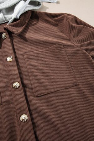 Coffee Hooded Drawstring Pockets Corduroy Shacket - Image 7