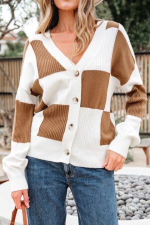 Khaki Checkered Pattern Ribbed Detail Button V Neck Sweater Cardigan - Image 15