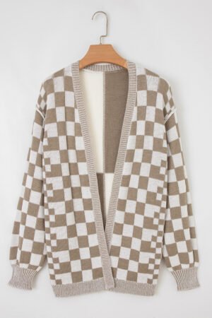 Brown Checkered Open Front Drop Shoulder Cardigan - Image 4