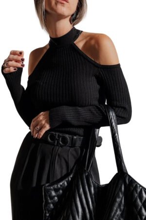 Black Ribbed Knit Cold Shoulder Choker Neck Sweater - Image 18
