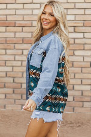Blue Aztec Printed Denim Jacket - Image 4