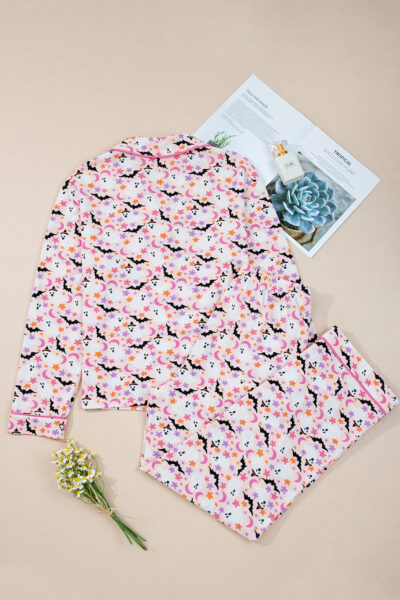 Pink Halloween Eve Haunted Honey Bat Print Pajama Set