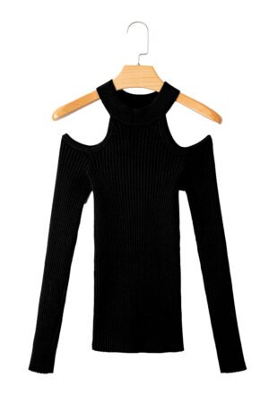 Black Ribbed Knit Cold Shoulder Choker Neck Sweater - Image 19