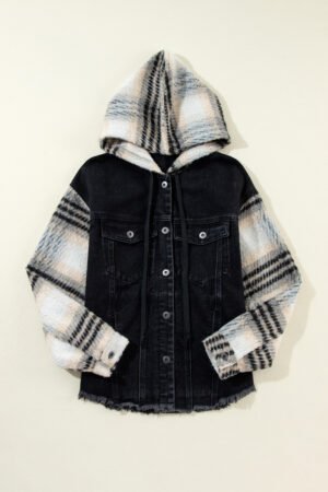 Black Plaid Sleeve Frayed Hem Hooded Denim Jacket - Image 6
