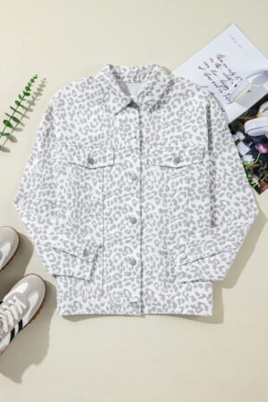 White Leopard Printed Flap Pocket Denim Jacket - Image 4