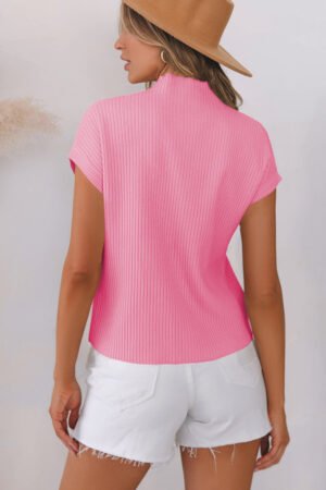 Pink Patch Pocket Ribbed Knit Short Sleeve Sweater - Image 3