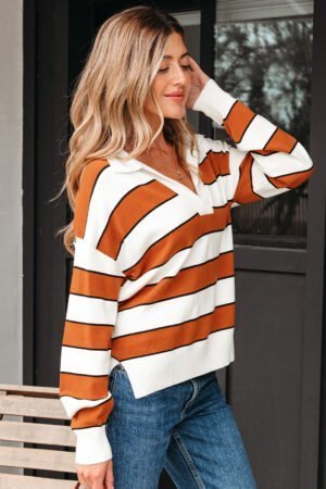 Brown Stripe Ribbed Polo Collar Drop Shoulder Sweater - Image 13