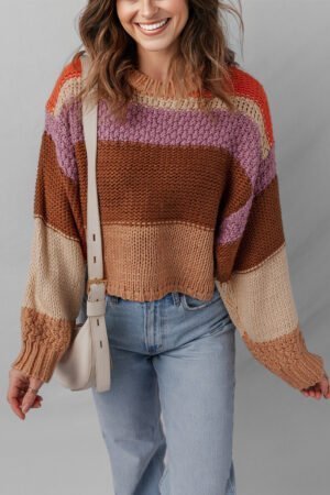 Multicolour Cropped Colorblock Drop Shoulder Knitted Sweater - Image 7