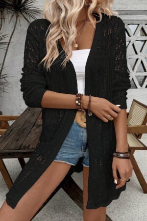 Black Crochet Hollow Out Open Front Cardigan - Image 4