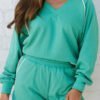 Dark Green Colorblock Trim V Neck Pullover Top and Shorts Set