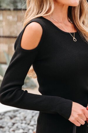Black Ribbed Knit Cold Shoulder Sweater - Image 16