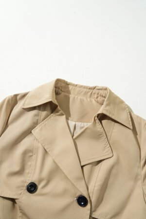 Pale Khaki Solid Color Lapel Collar Waist Tie Wind Coat - Image 8