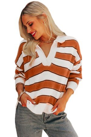 Brown Stripe Ribbed Polo Collar Drop Shoulder Sweater - Image 18