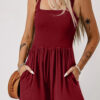 Burgundy Casual Pocketed Smocked Sleeveless Romper