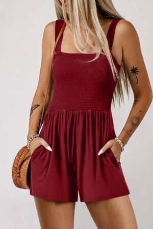 Burgundy Casual Pocketed Smocked Sleeveless Romper